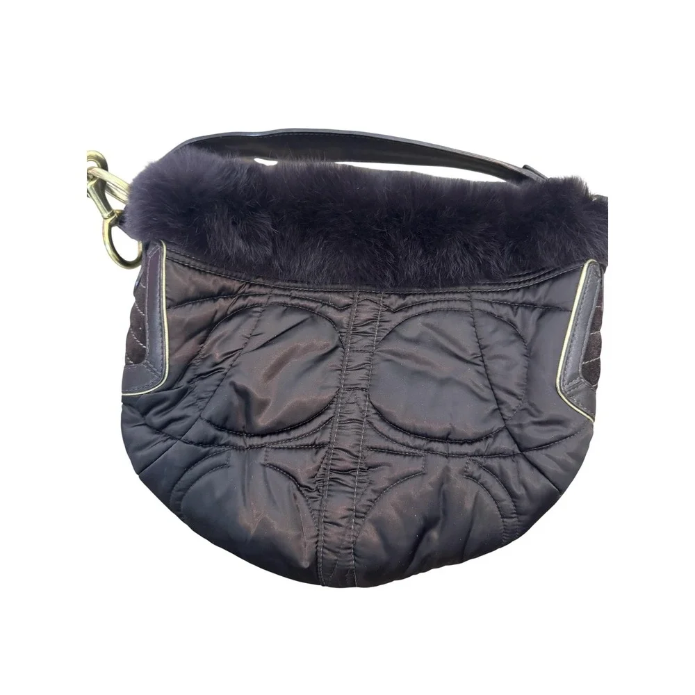 Coach Hobo Bag Womens Medium Brown Quilted Nylon Fur Trim Suede Leather Shoulder